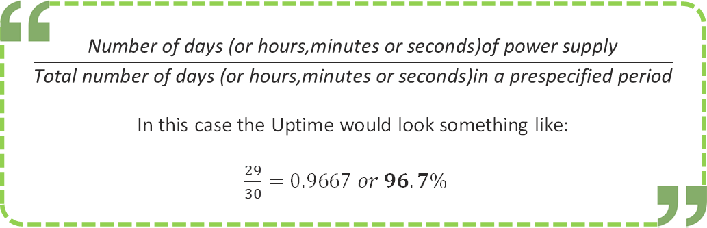 Uptime calculation formula — number of days of power supply divided by total days in the prespecified period